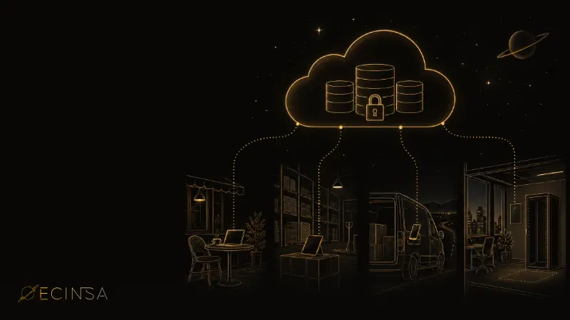 Nube con bases de datos y candado conectada a un portátil, una tableta, un móvil en una furgoneta y una oficina sin servidor
