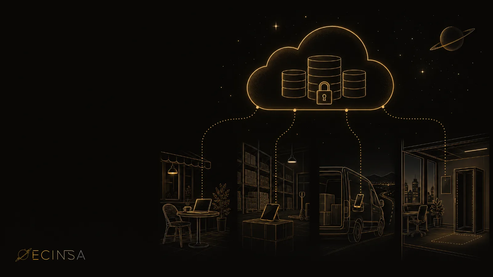Nube con bases de datos y candado conectada a un portátil, una tableta, un móvil en una furgoneta y una oficina sin servidor