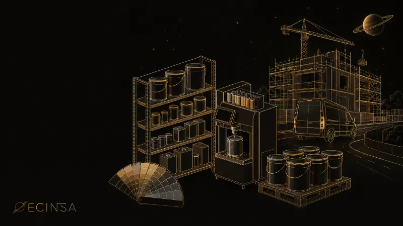 Almacén de pintura con botes, carta de colores, máquina tintométrica y furgoneta de reparto a obra