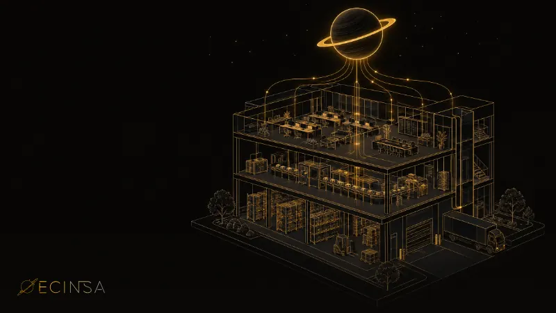 Ilustración de una empresa en corte isométrico, con oficina, producción y almacén conectados a un único sistema