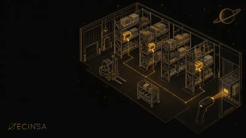 Almacén con estanterías, carretilla y lector de códigos de barras siguiendo una ruta de preparación de pedidos